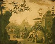 Jean-Baptiste Pillement A Chinoiserie Procession of Figures Riding on Elephants with Temples Beyond
